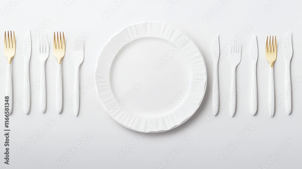 Elegant White and Gold Cutlery with Fluted Plate Flatlay Minimalist Table Setting Elegant White and Gold Cutlery with Fluted Plate Flatlay Minimalist Table Setting