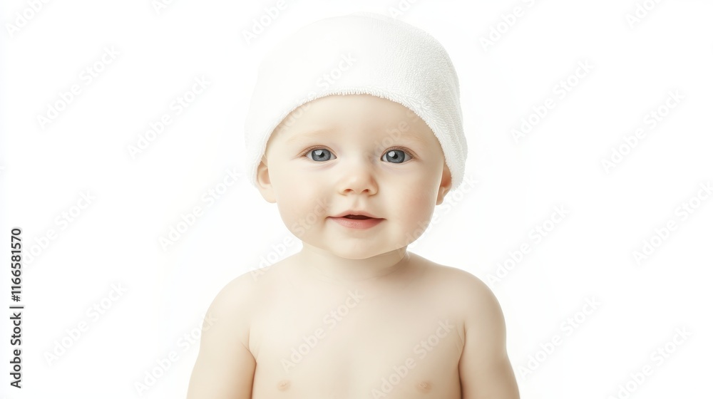 Adorable Baby with White Knit Hat Happy Infant Portrait Studio Shot