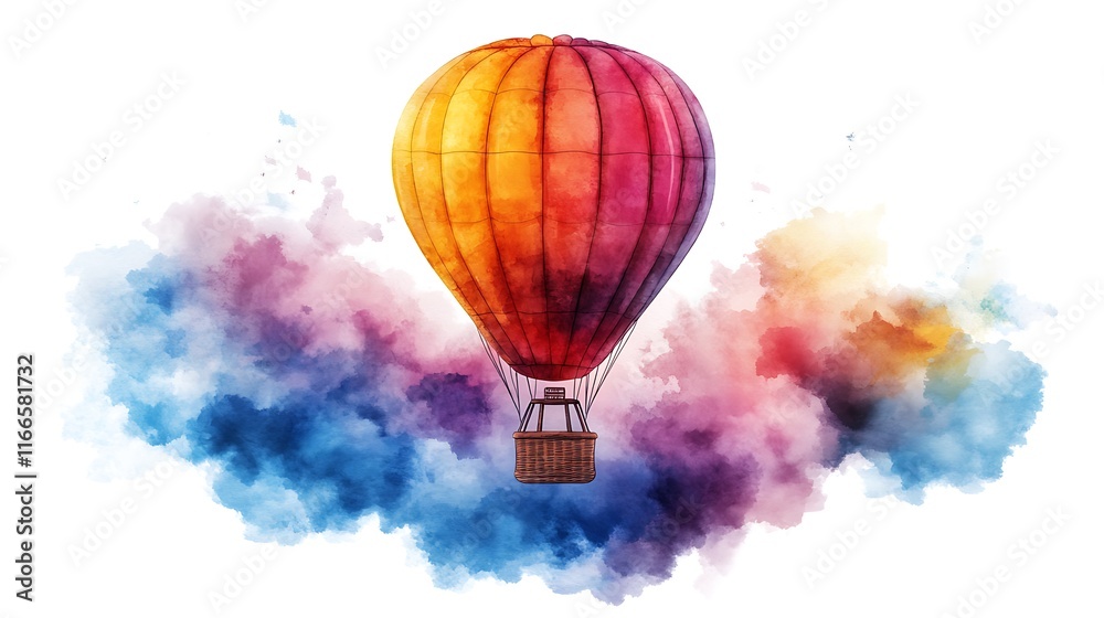 Fototapeta premium Colorful hot air balloon floating above vibrant watercolor clouds