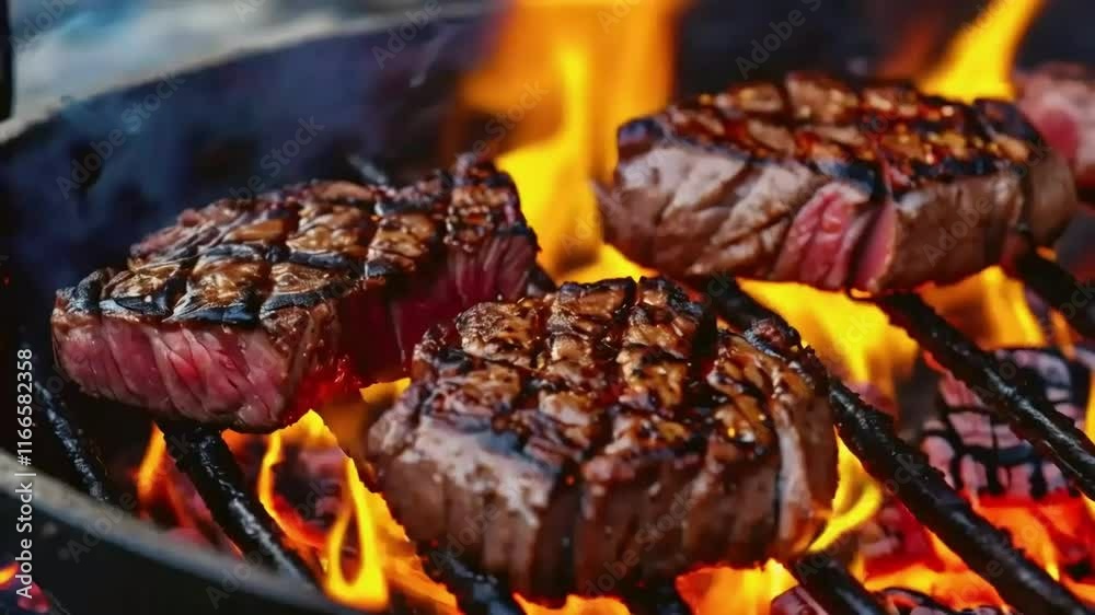 Three juicy steaks grilling over an open flame, close-up view.