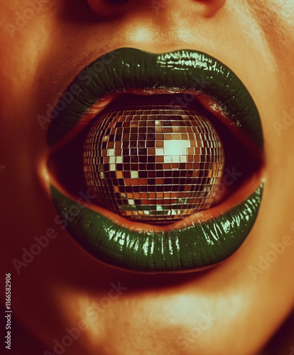 Close-Up of a Woman's Lips with a Reflective Disco Ball Detail