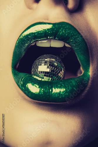 Glamorous Female Singer with Disco Ball on Tongue in High Detail