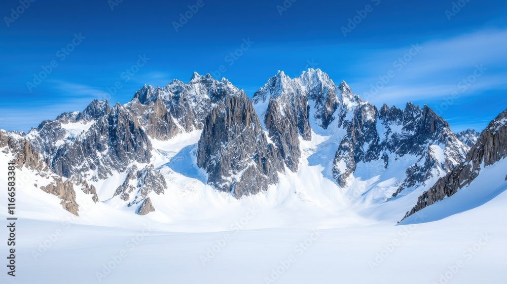 Naklejka premium Snow-capped mountains rise majestically against a clear blue sky, showcasing the serenity and grandeur of winter's beauty.