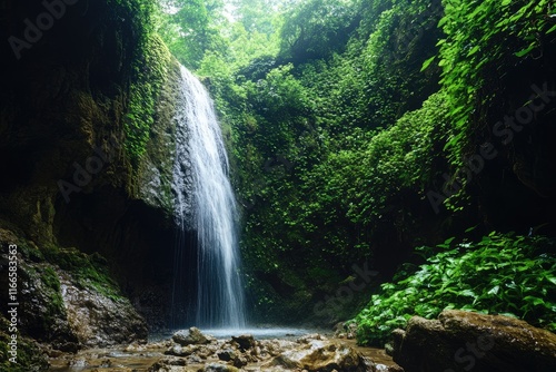 Serene Waterfall Cascades Through Lush Green Tropical Foliage