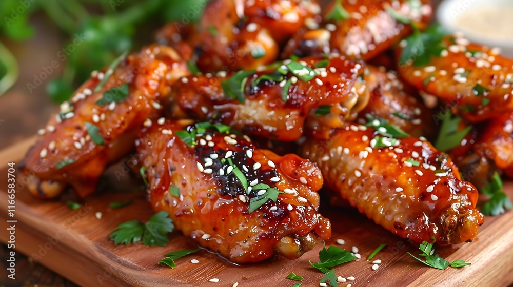 Sticky chicken wings garnished with sesame and fragrant herbs Sticky chicken wings garnished with sesame and fragrant herbs