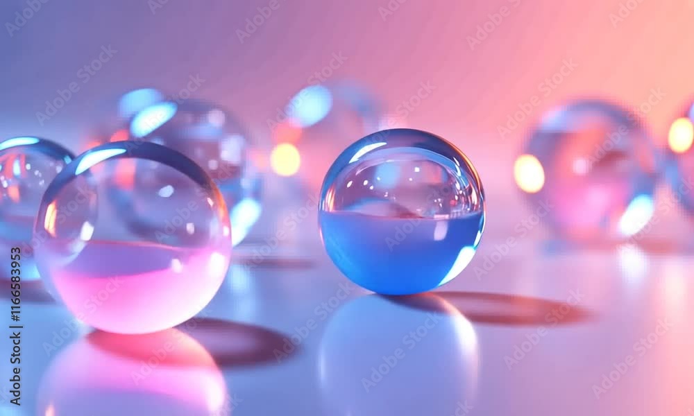 A close-up of translucent spheres reflecting light in a soft, colorful environment. A close-up of translucent spheres reflecting light in a soft, colorful environment.