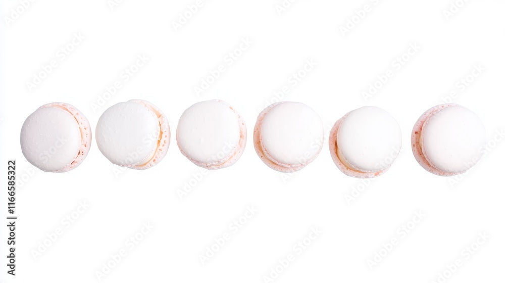 Obraz premium Delicious White Macarons in a Row French Pastry Sweet Treats Bakery Delights Isolated on White