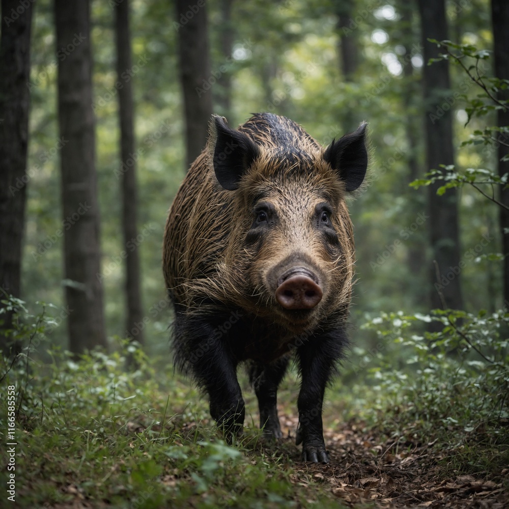 Focus on a wild boar rummaging through the forest. Focus on a wild boar rummaging through the forest.