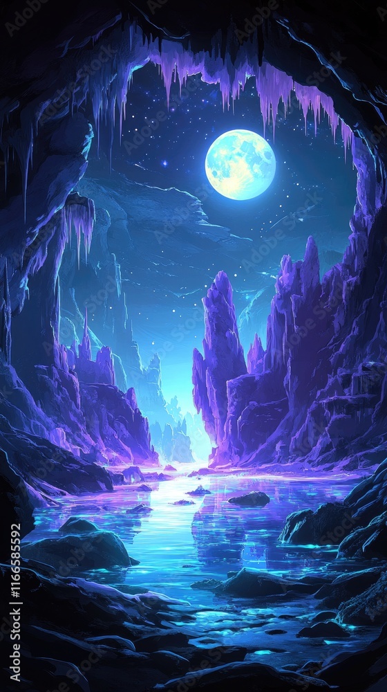 Ethereal Cave Moonlit Lake Fantasy Landscape Ethereal Cave Moonlit Lake Fantasy Landscape