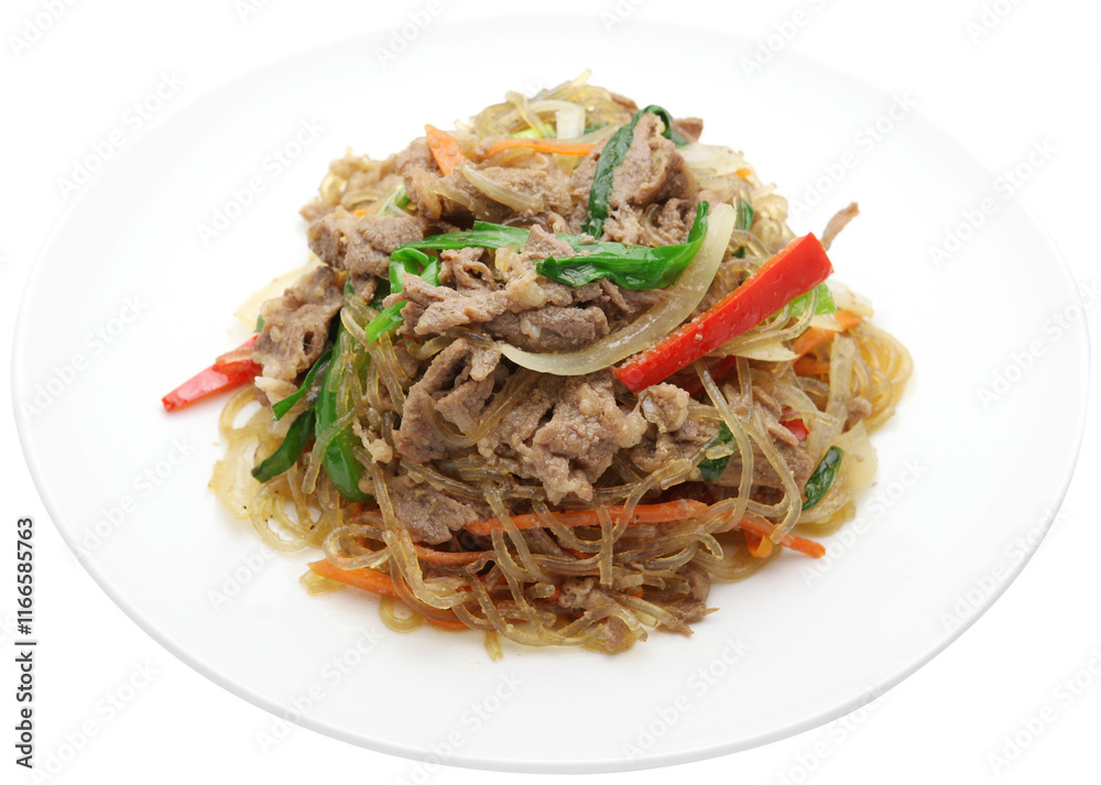 Bulgogi Japchae Korean Glass Noodles on White Dish Bulgogi Japchae Korean Glass Noodles on White Dish