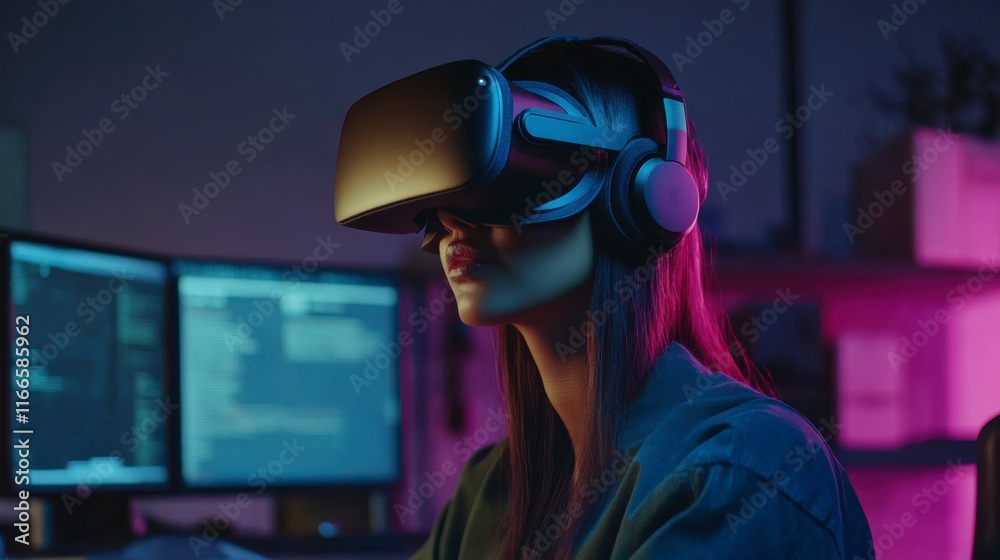 Young Woman Immersed in Virtual Reality Gaming Experience with Headset and Earphones, Engaging in Digital World Inside Dimly Lit Room with Computer Screens