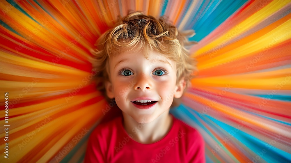 Happy child lies on colorful, radiating background.