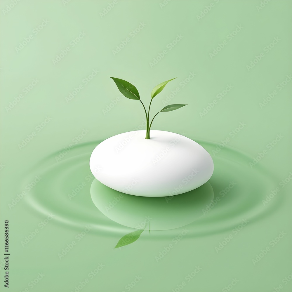 Symbolic Growth: Green Plant on Smooth Stone in Tranquil Water Symbolic Growth: Green Plant on Smooth Stone in Tranquil Water