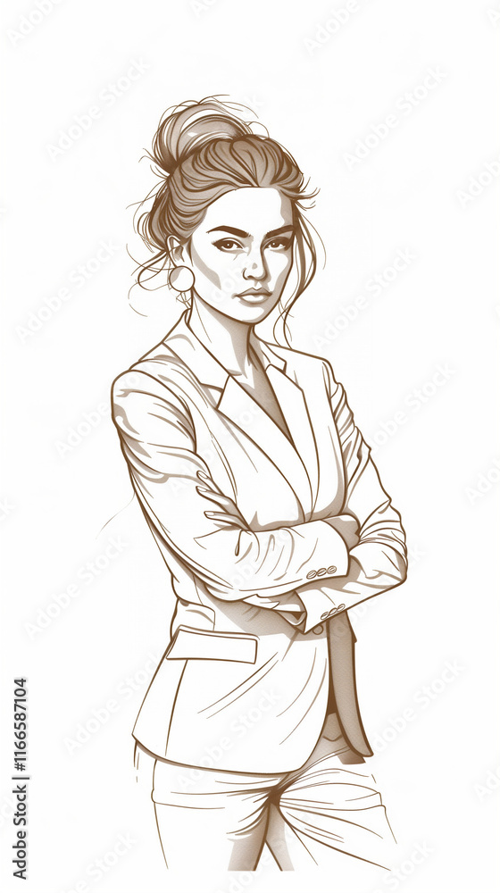 Monochrome sketch of a young woman in business attire, arms crossed. Monochrome sketch of a young woman in business attire, arms crossed.