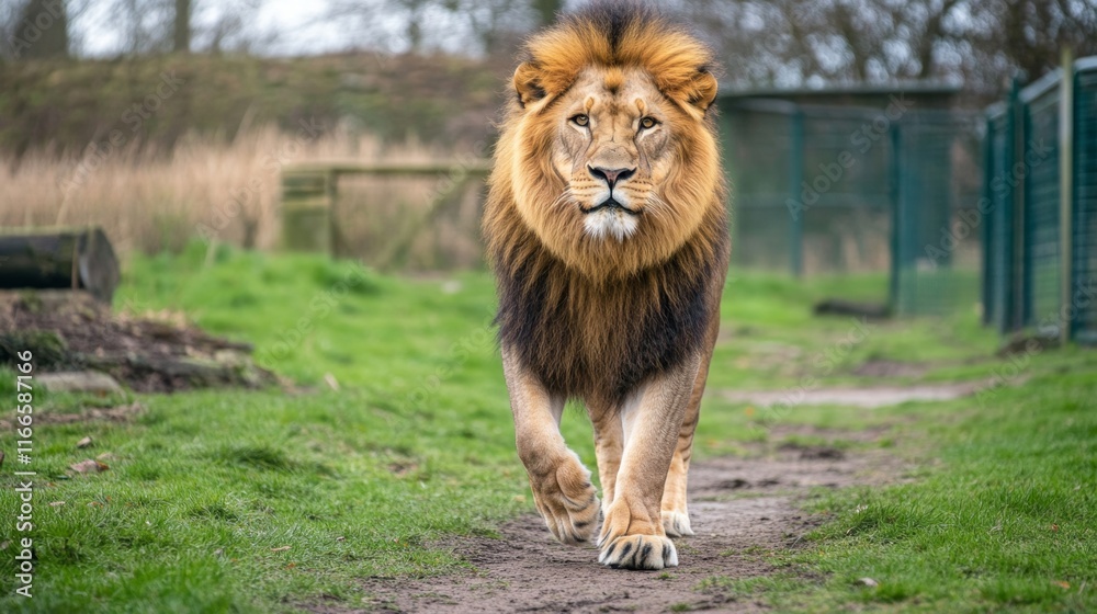 Male lion walking looking straight at the camera, national wildlife day Male lion walking looking straight at the camera, national wildlife day