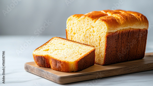 close up of gluten free loaf of bread with slice cut, showcasing its soft texture and golden crust. Perfect for healthy eating and baking enthusiasts photo