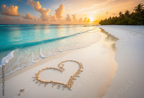 scenic beach sunset with a heart drawn in the sand photo