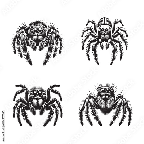 Intricate Silhouette of a Jumping Spider Showcasing Detailed Patterns in Monochrome"