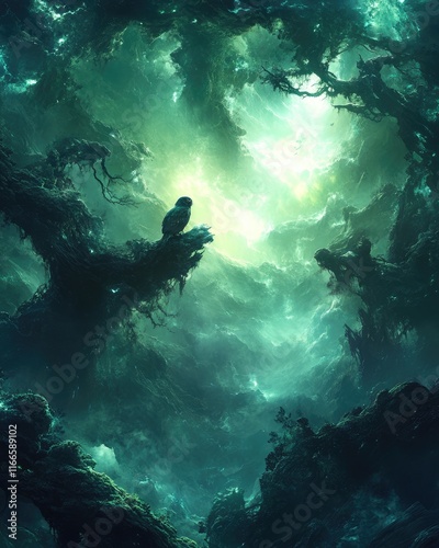 A mystical forest scene with ethereal light and a solitary bird perched on a branch.