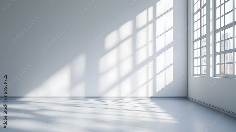 Fototapeta premium clean white wall with subtle shadowing from large windows creates serene atmosphere. natural light enhances spacious feel of room, perfect for various uses