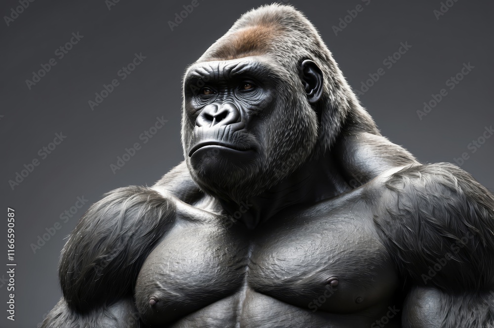 Powerful gorilla portrait against a gray background. Powerful gorilla portrait against a gray background.
