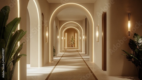 Luxurious hotel corridor with arched doorways  warm lighting  and tropical plants.