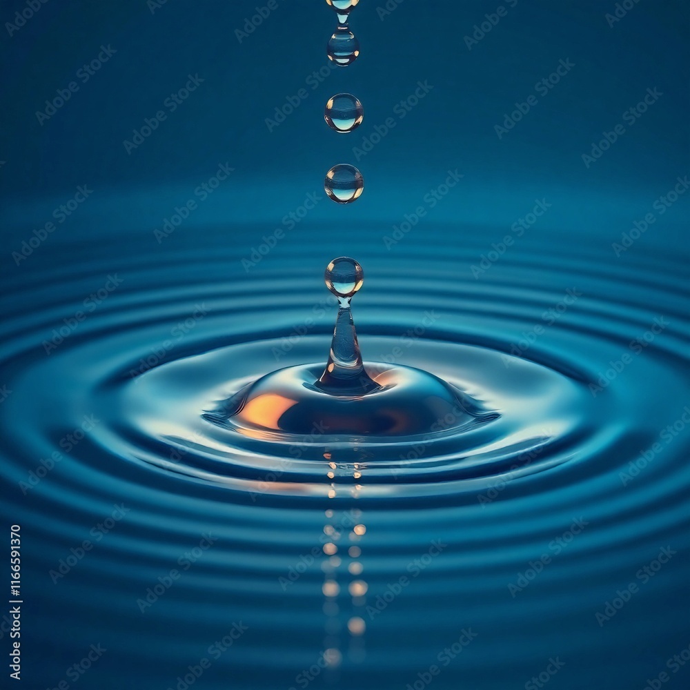 Close-up of water droplets falling, forming ripples on a tranquil blue surface, representing serenity, nature, and the concept of impact Close-up of water droplets falling, forming ripples on a tranquil blue surface, representing serenity, nature, and the concept of impact