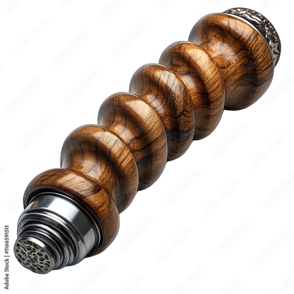 A decorative wooden salt or pepper grinder with a twisted design. A decorative wooden salt or pepper grinder with a twisted design.