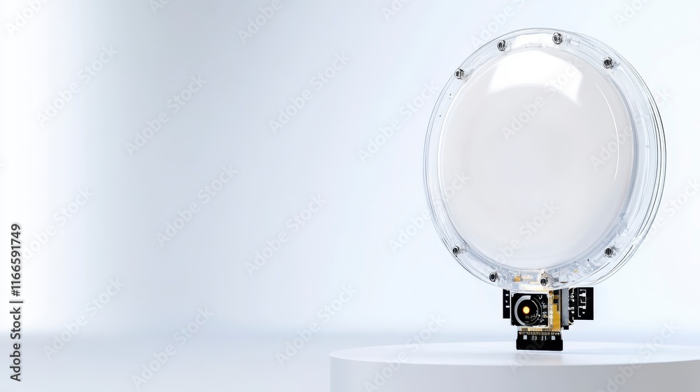 Futuristic Transparent Dome Camera Device on White Platform Technology Concept Futuristic Transparent Dome Camera Device on White Platform Technology Concept