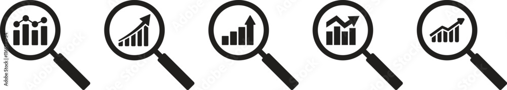 A set of search, targeting, marketing data analysis magnifying glass icons. Data, analysis, search, statistics, monitoring financial developments. Vector illustration A set of search, targeting, marketing data analysis magnifying glass icons. Data, analysis, search, statistics, monitoring financial developments. Vector illustration