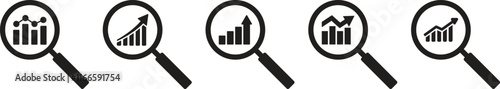 A set of search, targeting, marketing data analysis magnifying glass icons. Data, analysis, search, statistics, monitoring financial developments. Vector illustration