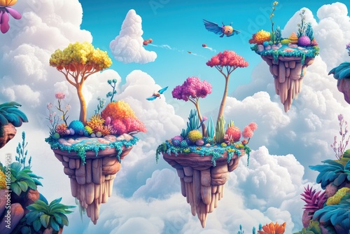 Colorful Floating Islands with Fantasy Flora and Fauna photo