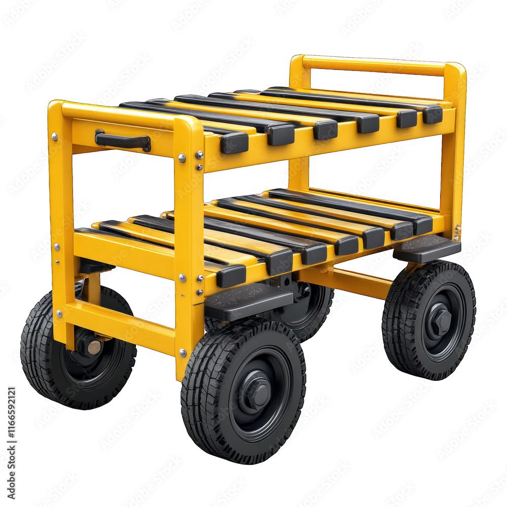 Fototapeta premium A yellow utility cart with multiple shelves and wheels for transport.