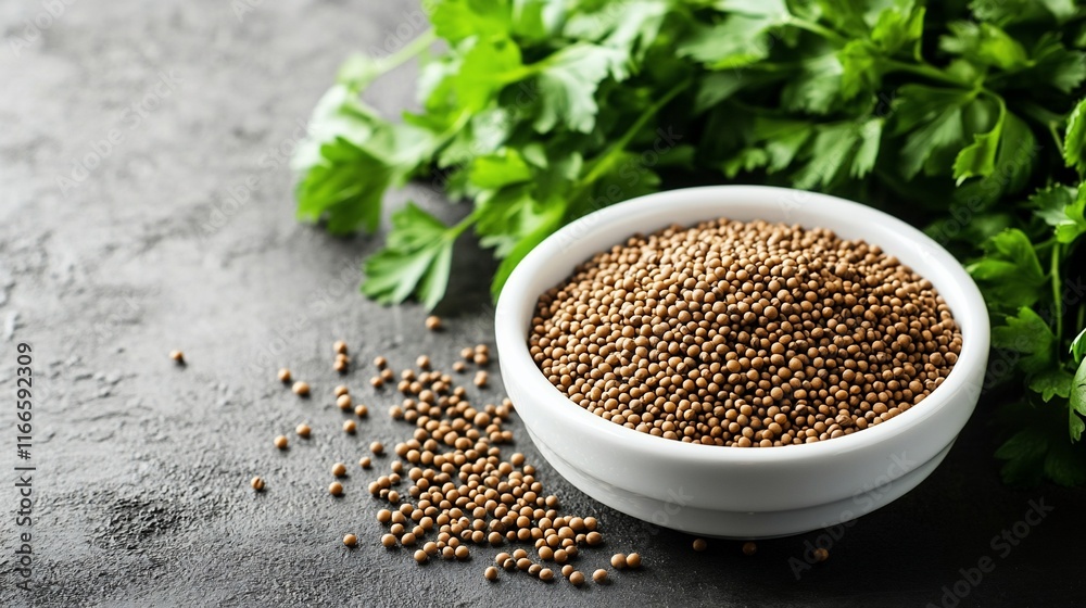 Brown Mustard Seeds in a Bowl with Fresh Parsley Brown Mustard Seeds in a Bowl with Fresh Parsley