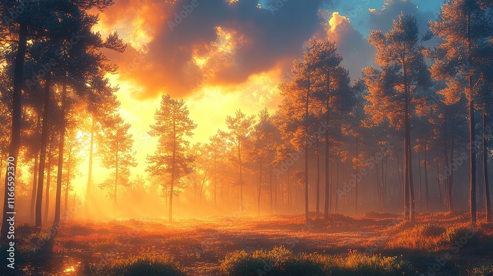 A serene forest at sunset, with warm light filtering through tall trees and mist. A serene forest at sunset, with warm light filtering through tall trees and mist.