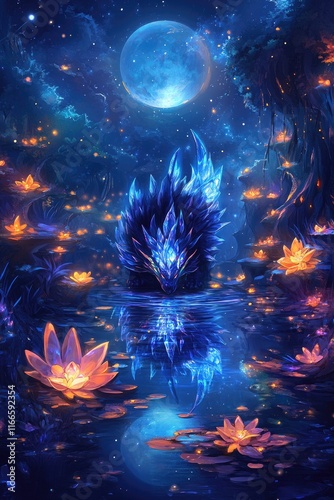 A mystical creature emerges from a serene, illuminated pond surrounded by glowing flowers.