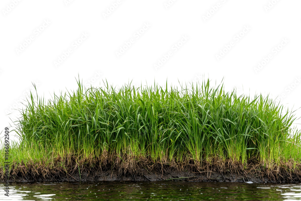 Obraz premium Lush Green Grasses on Riverbank Shoreline