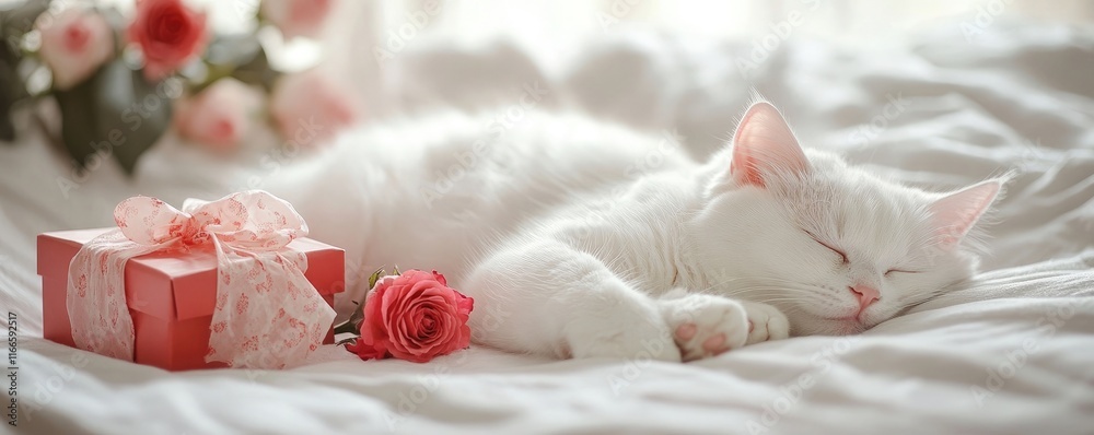A white cat is sleeping on the bed, with a red gift box with roses next to it, against a light background A white cat is sleeping on the bed, with a red gift box with roses next to it, against a light background
