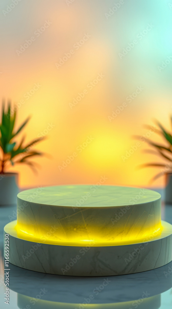 illuminated circular pedestal with sunset backdrop illuminated circular pedestal with sunset backdrop