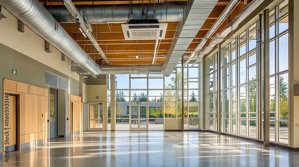 Modern building interior with large windows, high ceilings, exposed ductwork, and polished floors. Modern building interior with large windows, high ceilings, exposed ductwork, and polished floors.