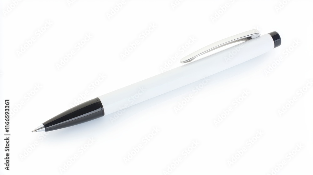 White and Black Ballpoint Pen Modern Office Stationery Close up Product Shot on White Background White and Black Ballpoint Pen Modern Office Stationery Close up Product Shot on White Background