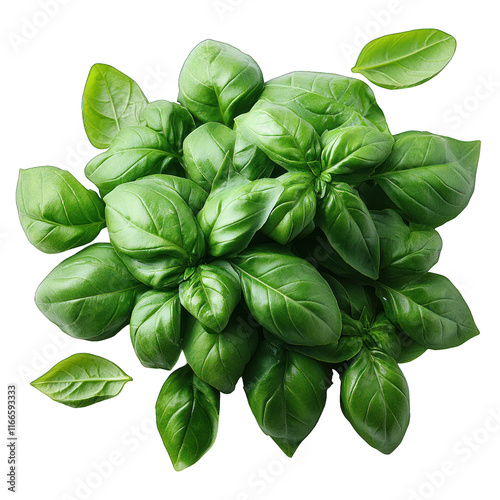 Fresh basil leaves arranged in a vibrant green cluster.