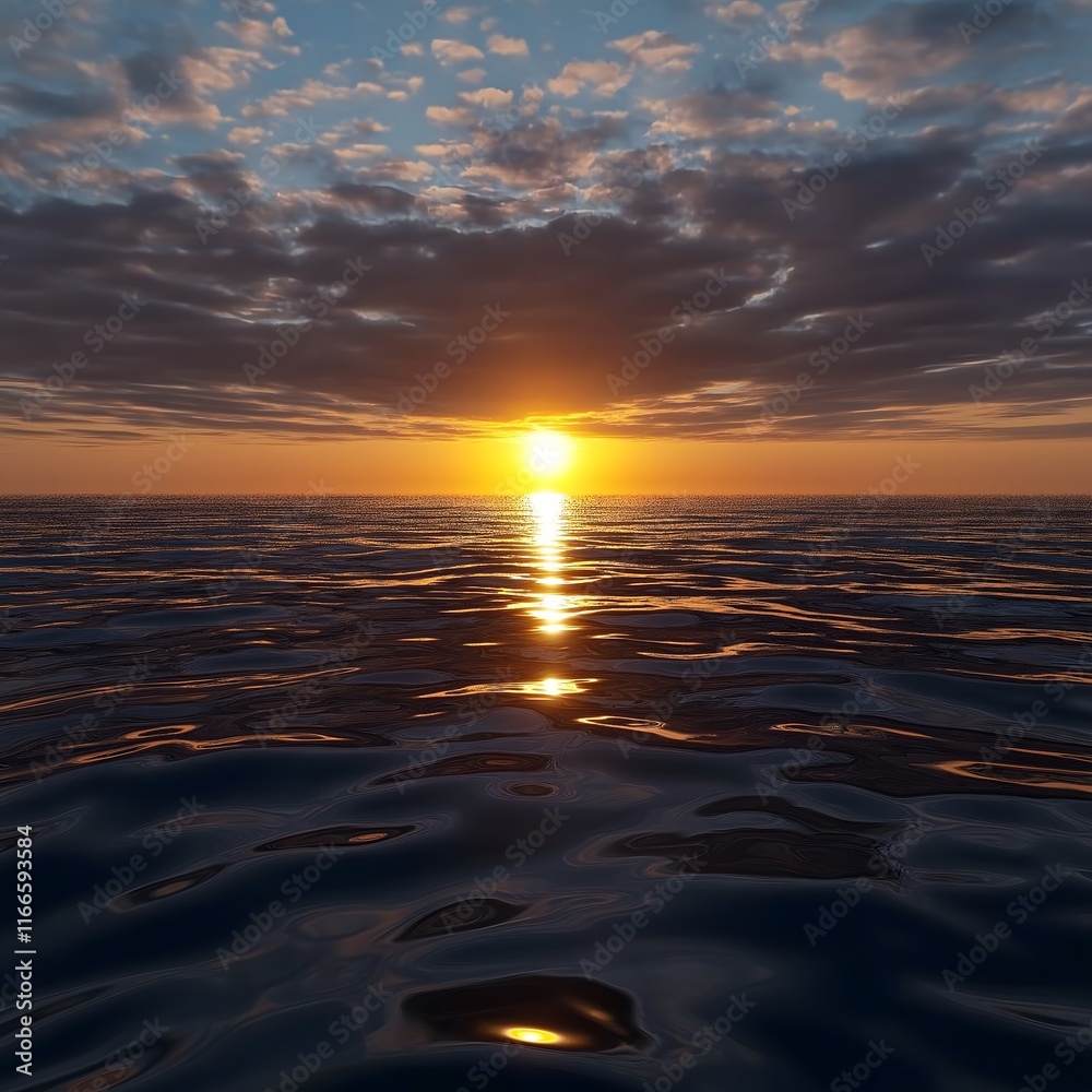 Obraz premium Golden Sunset Over Calm Ocean with Reflective Water and Dramatic Cloudy Sky 