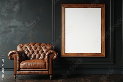 Darkened room features a leather armchair and a wooden frame.