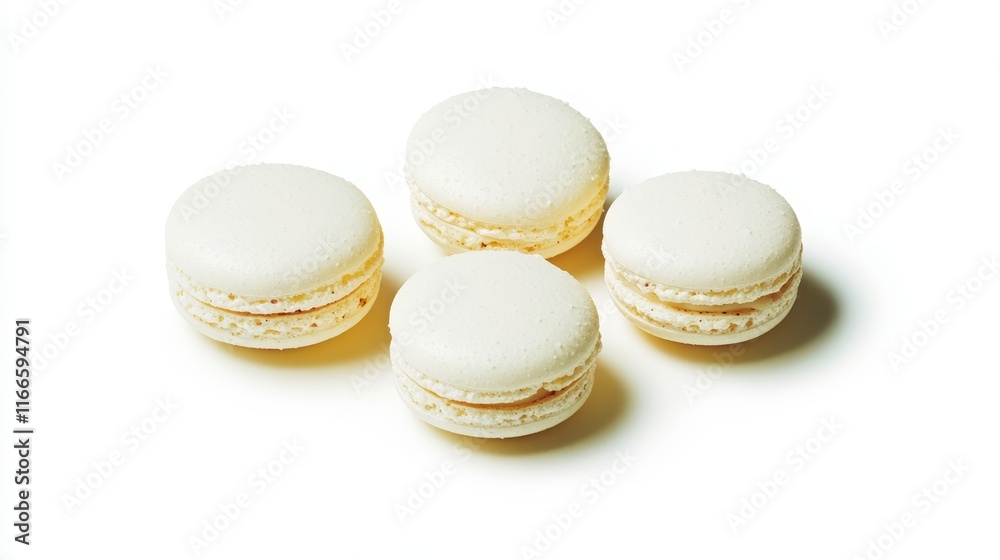 Four Delicate White Macarons on White Background Sweet French Pastry Dessert