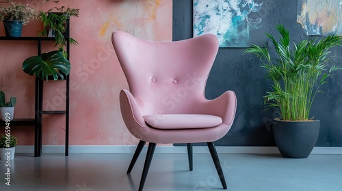 Pink Velvet Armchair in a Stylish Living Room Interior photo