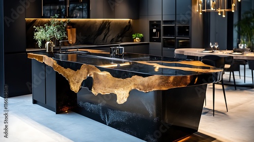 Modern kitchen island with black and gold resin countertop. photo