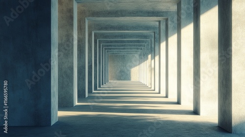 Sunlit concrete corridor with repeating columns. (1)