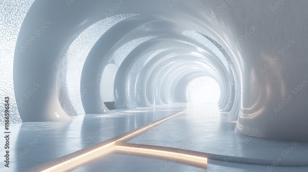 Futuristic white tunnel with glowing path.
