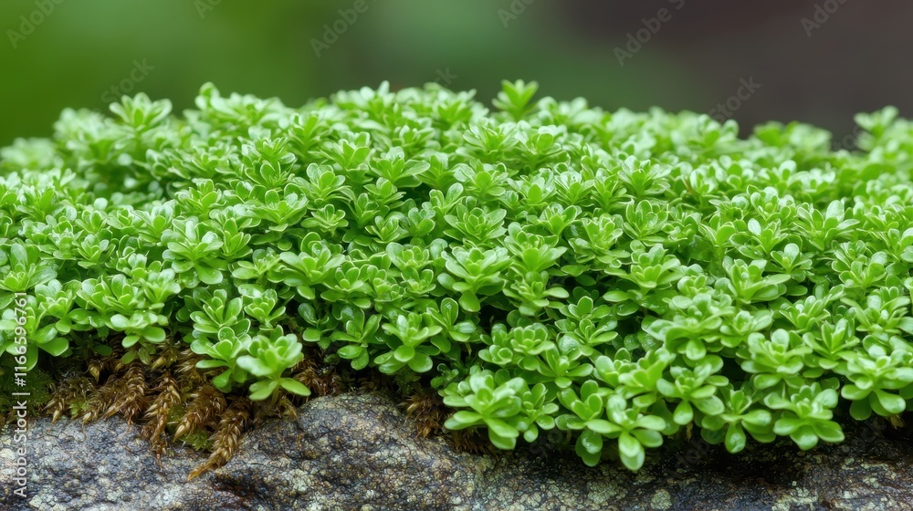 Fototapeta premium A lush carpet of vibrant green moss covers a rocky surface, showcasing fine texture and natural beauty in a serene environment.